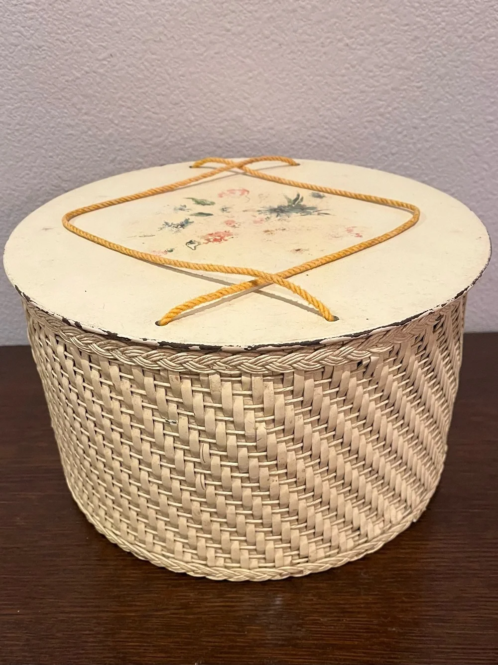 Vintage Harvey Yellow Wicker & Wood Sewing Basket with Painted Floral Enamel Lid
